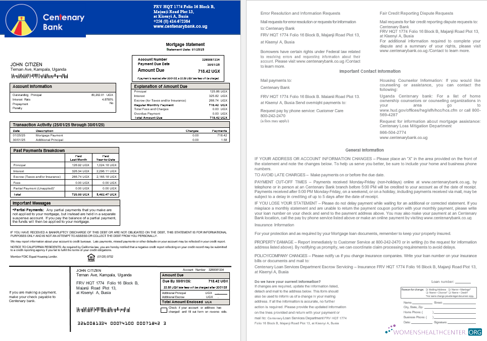 Download Uganda Centenary bank mortgage statement in Word and PDF formats Photoshop template